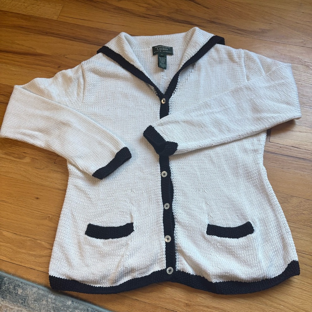 Lauren Ralph Lauren Cream Cardigan with Navy Trim size Large